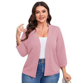 Womens Plus Size Cardigan 3/4 Length Sleeve Lightweight Casual Knitted Open Front Cardigans