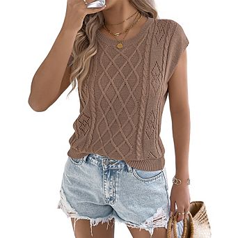 Women Crochet Knit Top Casual Sleeveless Crew Neck Hollow Out Blouse