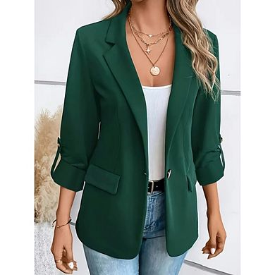 Women's 3/4Sleeve Casual Blazer Notch Lapel Roll-Tab Sleeves Open Front Jacket for Work Office Daily