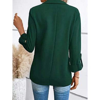 Women's 3/4Sleeve Casual Blazer Notch Lapel Roll-Tab Sleeves Open Front Jacket for Work Office Daily