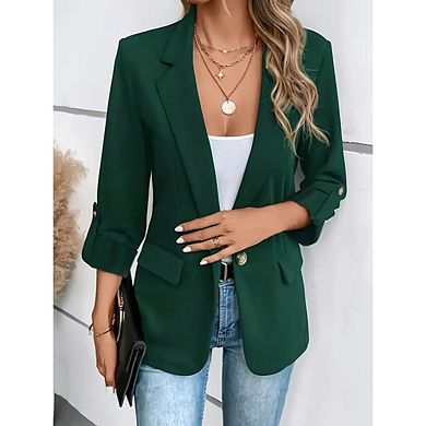Women's 3/4Sleeve Casual Blazer Notch Lapel Roll-Tab Sleeves Open Front Jacket for Work Office Daily