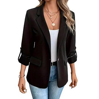Women's 3/4Sleeve Casual Blazer Notch Lapel Roll-Tab Sleeves Open Front Jacket for Work Office Daily