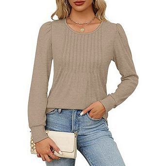 Women Long Sleeve Shirts Dressy Casual Blouses Pleated Scooped Neck Tunic Fall Tops Tops