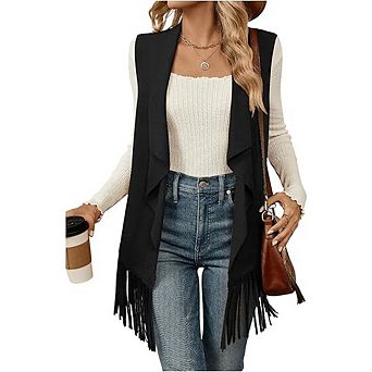 Women's Sleeveless Boho Faux Western Cow Cardigan Fringe Lapel Open Front Suede Vest Tops