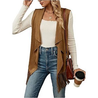 Women's Sleeveless Boho Faux Western Cow Cardigan Fringe Lapel Open Front Suede Vest Tops