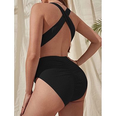Maternity One Piece Swimsuit Textured Crew Neck Cutout Back Pregnancy Bathing Suit