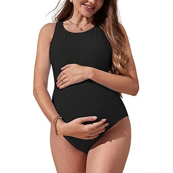 Maternity One Piece Swimsuit Textured Crew Neck Cutout Back Pregnancy Bathing Suit