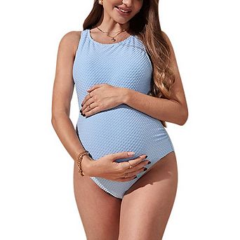 Maternity One Piece Swimsuit Textured Crew Neck Cutout Back Pregnancy Bathing Suit