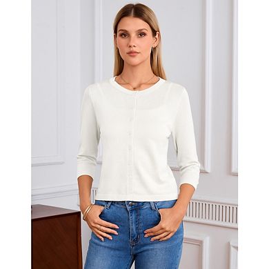 Women's Cropped Cardigan 3/4 Sleeve Crewneck Button Up Sweater Knit Top