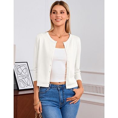 Women's Cropped Cardigan 3/4 Sleeve Crewneck Button Up Sweater Knit Top