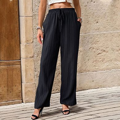 Women's Pants Textured Elastic Drawstring Straight Leg Casual Pants with Pockets