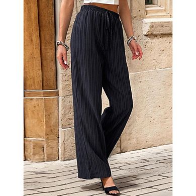 Women's Pants Textured Elastic Drawstring Straight Leg Casual Pants with Pockets