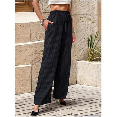 Women's Pants Textured Elastic Drawstring Straight Leg Casual Pants with Pockets