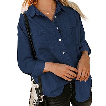 Women's Button Down Shirts Long Sleeve Casual Collared Shirt Loose Blouses Tops with Pocket