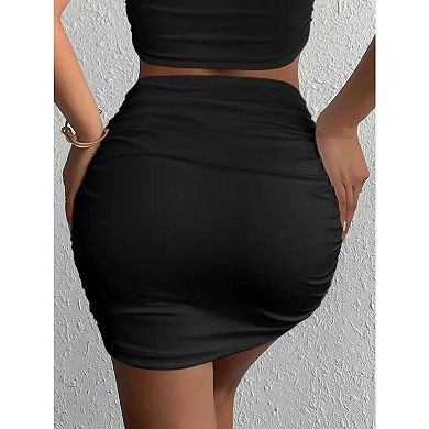Women's Stretch Skirt High Waist Ruched Bodycon Double Layer Casual Mini Skirt