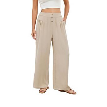 Women's Wide Leg Palazzo Pants Loose Button High Waist Pleated Work Business Casual Trousers