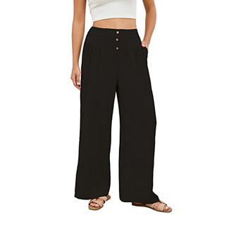 Women's Wide Leg Palazzo Pants Loose Button High Waist Pleated Work Business Casual Trousers