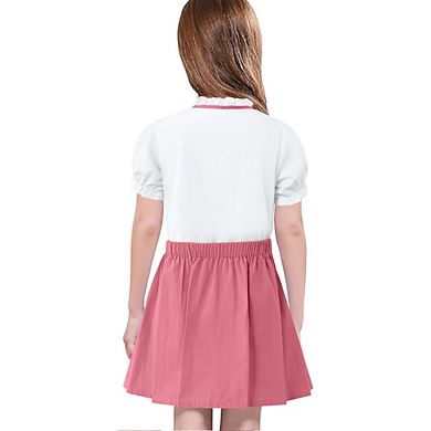 Girls' Preppy 2-Piece Outfit Puff Sleeve Top with Pleated Skirt Set