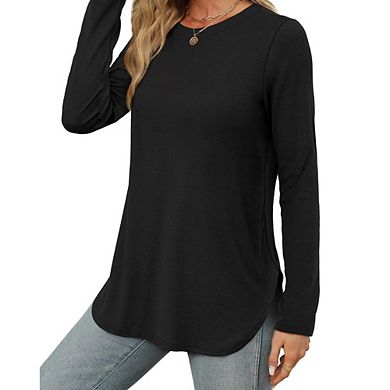Womens Long Sleeve Round Neck Shirts Side Split Basic Loose Tunic Tops for Casual Work Office