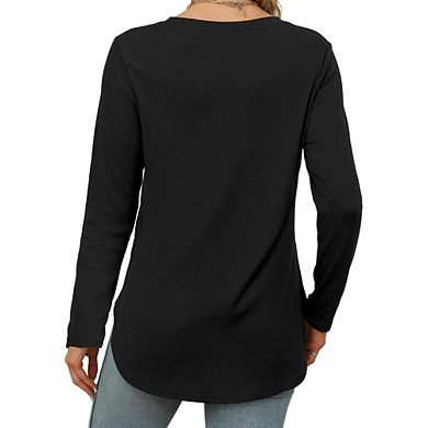 Womens Long Sleeve Round Neck Shirts Side Split Basic Loose Tunic Tops for Casual Work Office