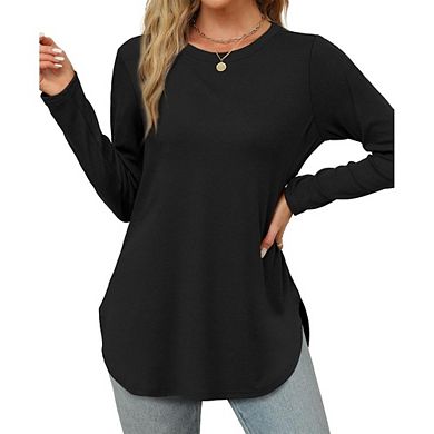 Womens Long Sleeve Round Neck Shirts Side Split Basic Loose Tunic Tops for Casual Work Office