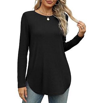 Womens Long Sleeve Round Neck Shirts Side Split Basic Loose Tunic Tops for Casual Work Office