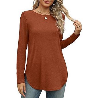 Womens Long Sleeve Round Neck Shirts Side Split Basic Loose Tunic Tops for Casual Work Office