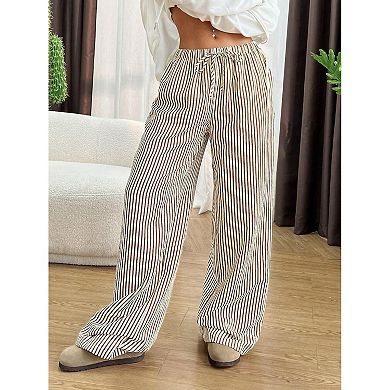 Women's Striped Gingham Pants Casual Straight Wide Leg Drawstring Waist Bottoms Trousers