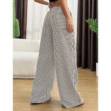 Women's Striped Gingham Pants Casual Straight Wide Leg Drawstring Waist Bottoms Trousers