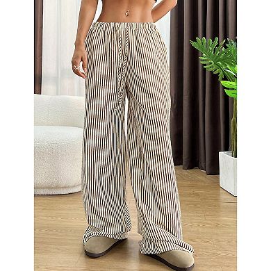 Women's Striped Gingham Pants Casual Straight Wide Leg Drawstring Waist Bottoms Trousers