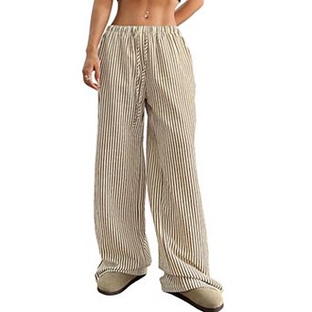 Women's Striped Gingham Pants Casual Straight Wide Leg Drawstring Waist Bottoms Trousers