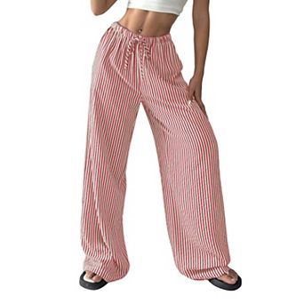 Women's Striped Gingham Pants Casual Straight Wide Leg Drawstring Waist Bottoms Trousers