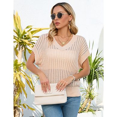 Women's Summer Crochet Tops Hollow Out Cap Sleeve V-Neck Lightweight Pullover Sweater Beach Clothes