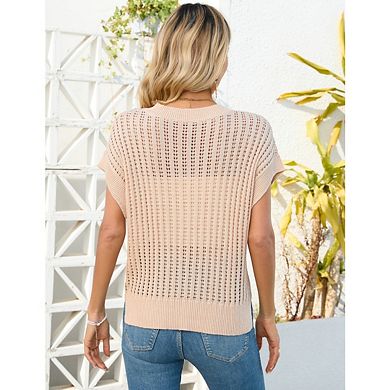 Women's Summer Crochet Tops Hollow Out Cap Sleeve V-Neck Lightweight Pullover Sweater Beach Clothes