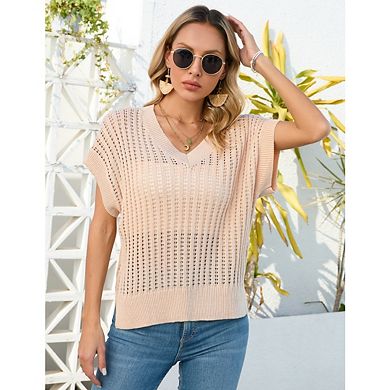 Women's Summer Crochet Tops Hollow Out Cap Sleeve V-Neck Lightweight Pullover Sweater Beach Clothes