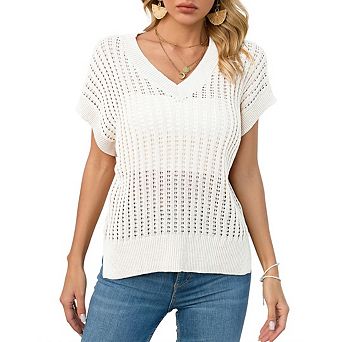 Women's Summer Crochet Tops Hollow Out Cap Sleeve V-Neck Lightweight Pullover Sweater Beach Clothes