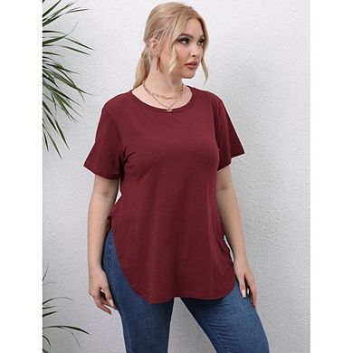 Women's Plus Size Casual Crew Neck Short Sleeve T Shirt Swing Flare Split Basic Loose Tunic Tops