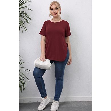 Women's Plus Size Casual Crew Neck Short Sleeve T Shirt Swing Flare Split Basic Loose Tunic Tops