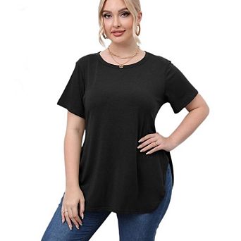 Women's Plus Size Casual Crew Neck Short Sleeve T Shirt Swing Flare Split Basic Loose Tunic Tops