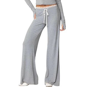 Women's Wide Leg Sweatpants Baggy Elastic Waist Eyelet Lace Trim Pants with Pocket Trousers