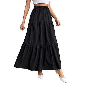Women's Bohemian A-Line Maxi Skirt Tiered Ruffled Flowy Long Half Skirt