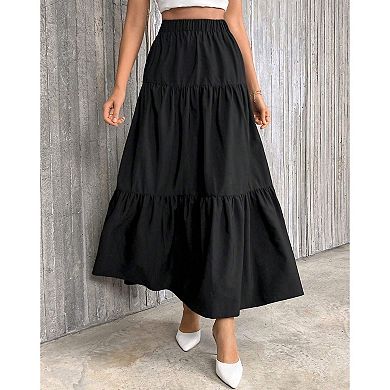 Women's Bohemian A-Line Maxi Skirt Tiered Ruffled Flowy Long Half Skirt