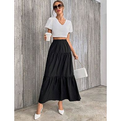 Women's Bohemian A-Line Maxi Skirt Tiered Ruffled Flowy Long Half Skirt