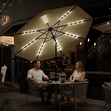 9FT Solar Powered LED Offset Patio Umbrella with Tilt Crank 32 Auto Charging Lights 8 Rib