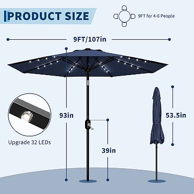 9FT Solar Powered LED Offset Patio Umbrella with Tilt Crank 32 Auto Charging Lights 8 Rib