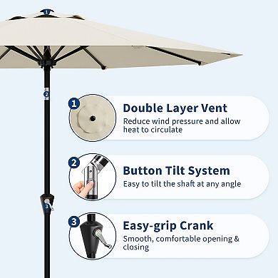 9FT Patio Umbrella with Crank Lift and Push Button Tilt 8 Sturdy Ribs