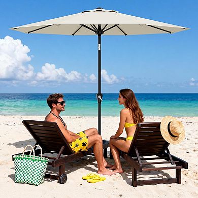 9FT Patio Umbrella with Crank Lift and Push Button Tilt 8 Sturdy Ribs