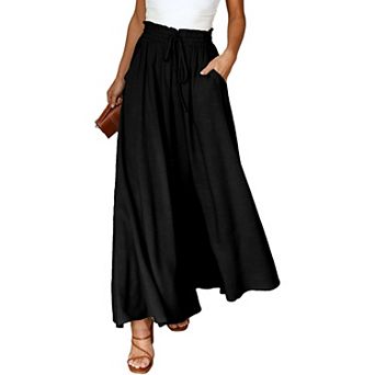 Women's Bohemian High-Waisted Palazzo Pants, Flowy Wide-Leg Chiffon Trousers with Elastic Waist