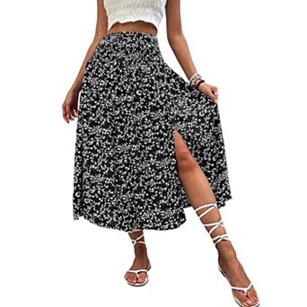 Women Floral Print Midi Skirt Vacation Style Lightweight Viscose Slit Skirt