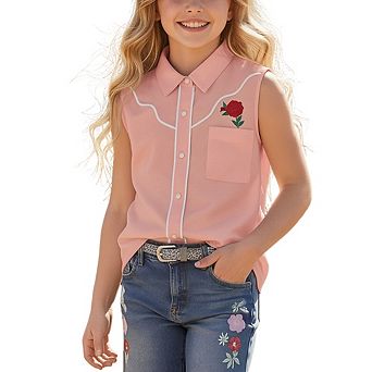 Girls' Sleeveless Western Style Button-Down Shirt with Embroidered Rose